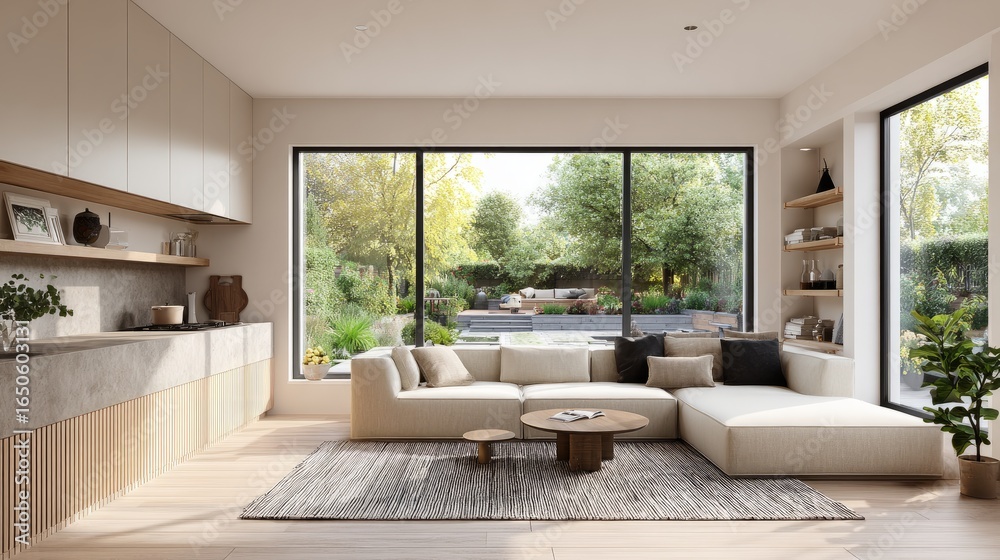 Fototapeta premium Open layout home interior, side view of kitchen with textured base, cozy living room, large window showing tranquil garden, elegant minimalist decor
