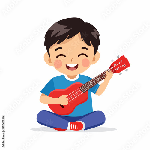 Minimalist flat vector icon of a kid strumming ukulele, symbolizing joyful childhood music hobby.