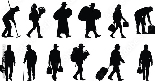 Art & IllustrationPeople silhouette collection, walking travelers, carrying bags, working individuals, daily life motion