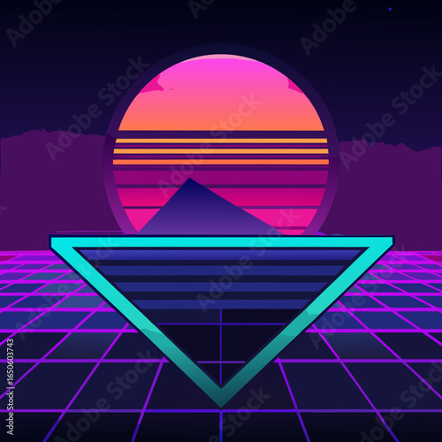 Retro sunset grid landscape with neon triangle