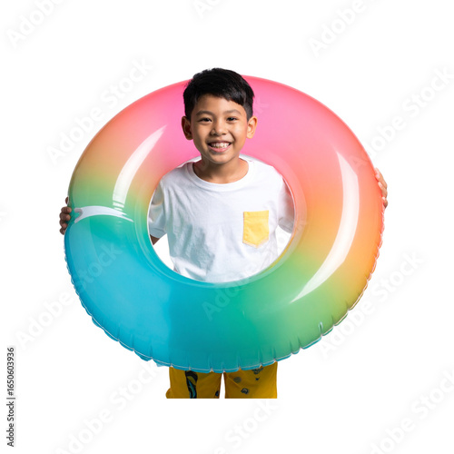 Happy little boy wearing summer clothes with inflatable swimming circle on transparent and white background, cut out png