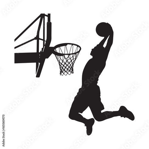 A black silhouette of a basketball player in mid-air performing a slam dunk.