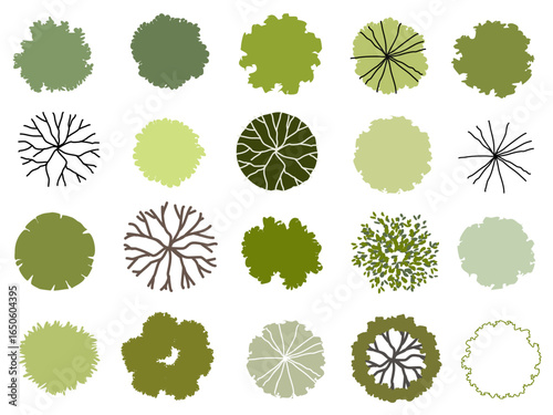Vector set of Top view green tree for outdoor plan or map and architecture drawing, elements for environment and garden ,botanical elements ,Blooming flowers in spring,tropical plants element
