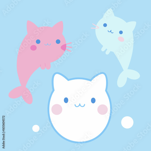 Cute kawaii cat dolphins and a white cat with pink cheeks