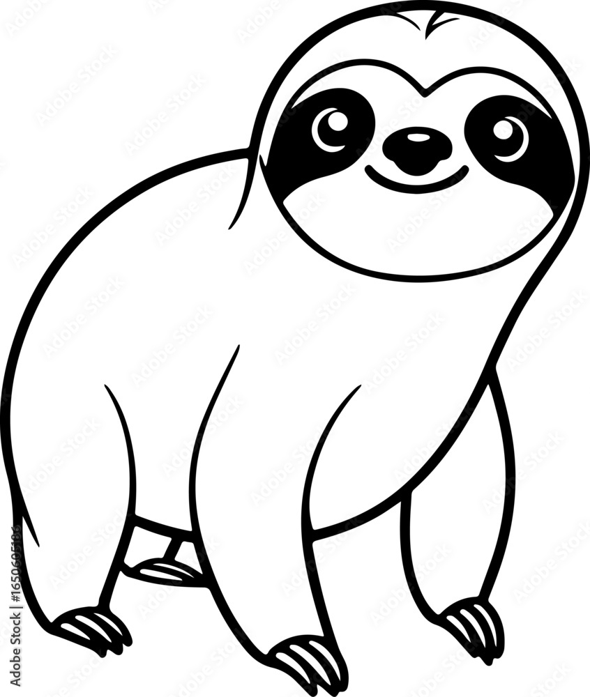 Fototapeta premium Smiling Sloth Illustration – Black and White Line Art of Relaxed Animal with Eye Markings and Claws