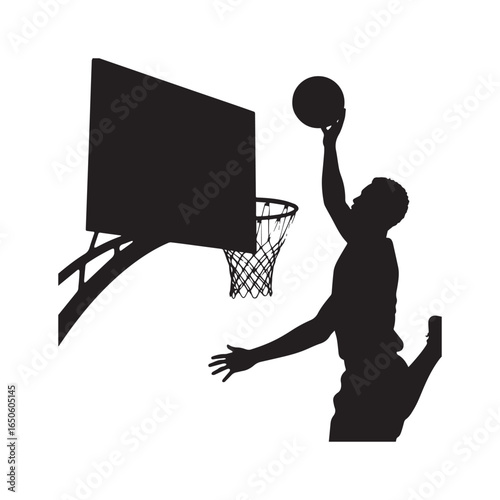A black silhouette of a basketball player in mid-air performing a slam dunk.