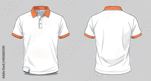 Front and back view of a white polo shirt with orange trim.