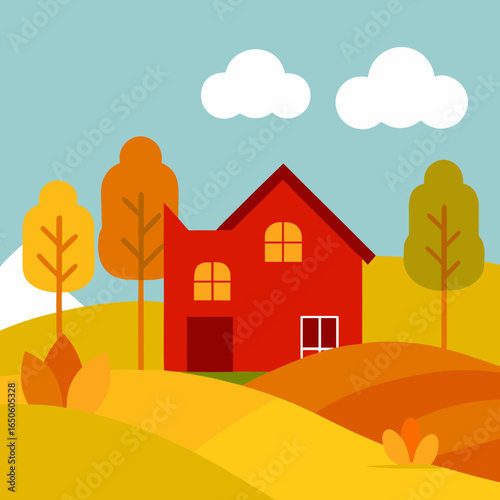 Cozy red house in a picturesque autumn landscape