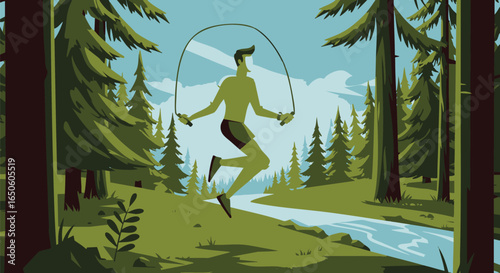 Man jumping rope in a lush green forest with a river and mountains in the background