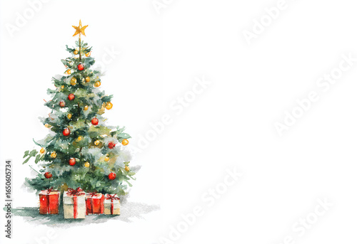 illustration of christmas tree on white background, watercolor painting