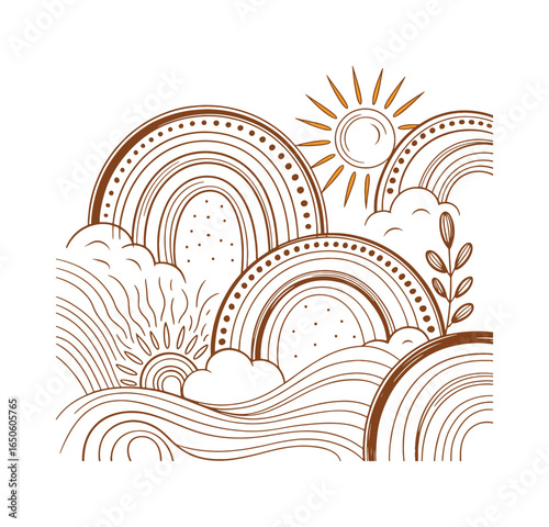 Minimalist Rainbow Landscape with Sun, Clouds and Botanical Elements – Modern Abstract Boho Nature Line Art for Wall Decor and Digital Prints, feminine style vector designs use