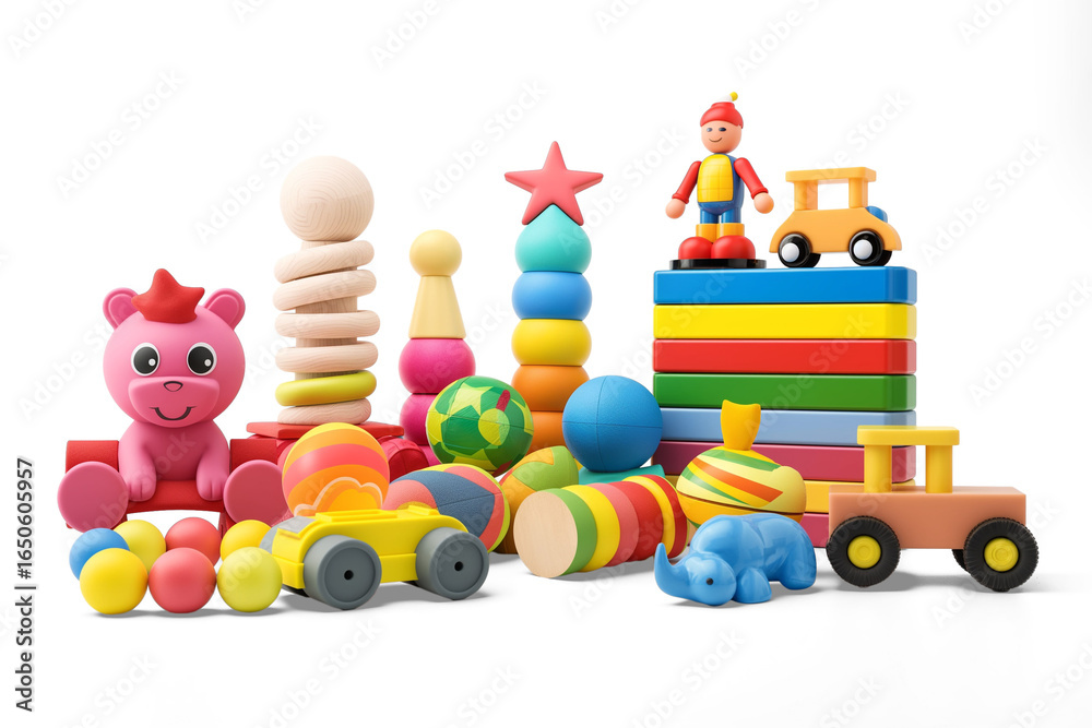 Obraz premium Colorful Childhood Dreamland: A vibrant collection of wooden toys, showcasing a cheerful array of shapes, colors, and playful designs.