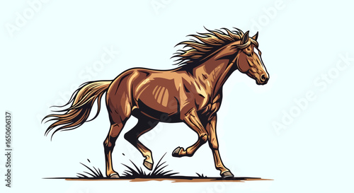 Stunning brown horse running freely with flowing mane and tail, conveying strength and beauty, equine elegance