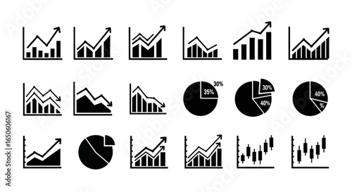 Dynamic collection of business charts and graphs showing growth, decline, and statistical analysis