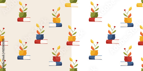 Seamless pattern featuring stacks of books with a flower pot on top. The design is presented in two color schemes. Ideal for education, study and decorative themes