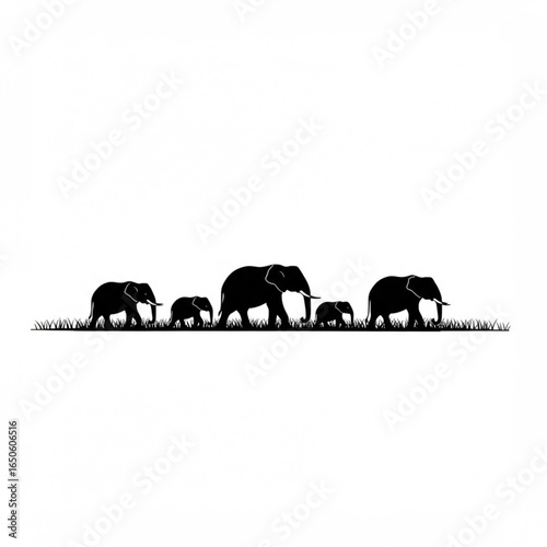 Silhouette of an elephant family walking in a line through the savanna grass.