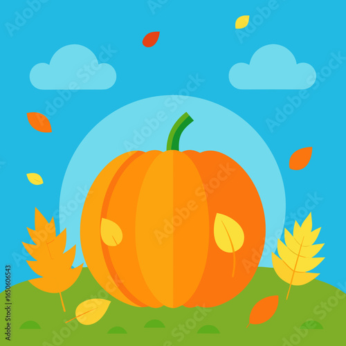 Autumn pumpkin scene with falling leaves and clouds