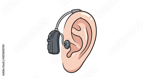 Cartoon ear illustration with hearing aid for auditory health and medical accessibility needs