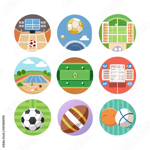 Sport fields soccer baseball cricket yard field basketball badminton tennis volleyball court American Australian football rugby arena indoor outdoor stadium set collection illustration See Less
