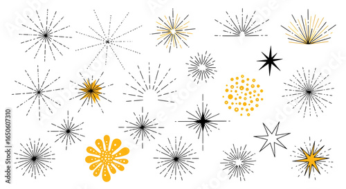 Delightful burst elements in black and gold create a modern, festive, and celebratory feel for your designs