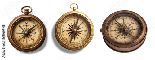 Navigational Trio: Antique compasses, relics of a bygone era, stand as symbols of direction, exploration, and the art of navigation. The finely detailed dials invite a sense of wonder.