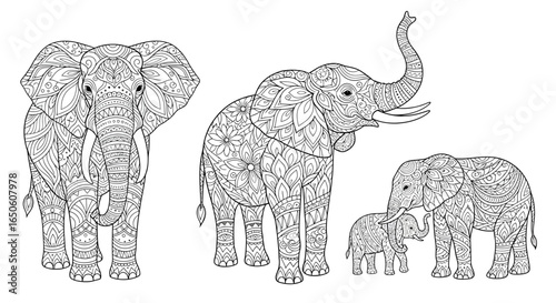 Intricate elephant family coloring page for relaxation and creative fun with detailed line art designs