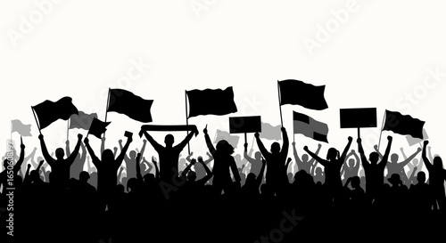 Empowered crowd protesting with flags and signs demanding change and justice in a dynamic silhouette