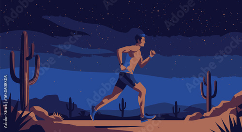 Night Run A Lone Runner in the Desert Under a Starry Sky, Capturing the Essence of Endurance and the Beauty of the Night