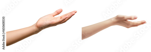 Hand Gestures of Offering: Two different hands, arms outstretched, palms facing upward, express invitation and offering, ideal for design and communication. 