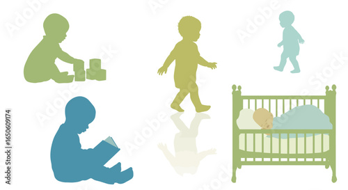Nurturing babies illustration set showing stages of child development from playing to learning to sleeping