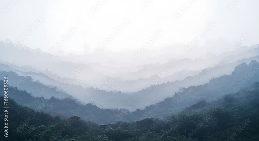 Naklejka premium Serene blue mist cascading through lush forested hills and majestic mountain ranges