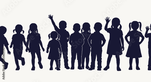 Happy children silhouettes waving and playing together against a white background representing community and childhood