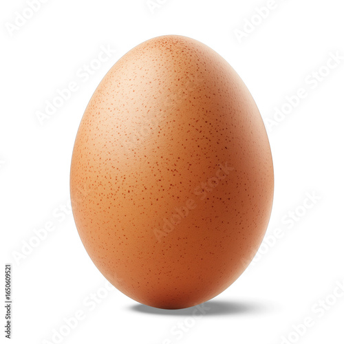 Egg Portrait: A captivating studio shot of a singular, brown egg, standing in a perfect, isolated position with a soft shadow, showcasing its simple form and natural texture.