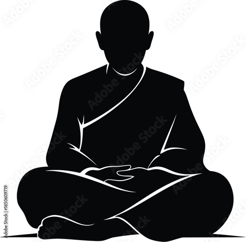 A buddhist monk in meditation pose, , radiating peace and spirituality with a simple and minimal silhouette design