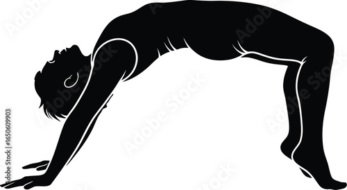 Silhouette of a woman in a yoga bridge pose, , demonstrating flexibility, balance, and strength in a serene and graceful posture