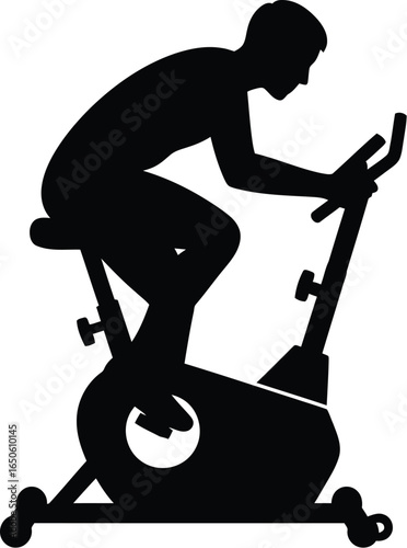 Silhouette of a man exercising a stationary bike, highlighting fitness, cardio, and a healthy lifestyle through indoor cycling