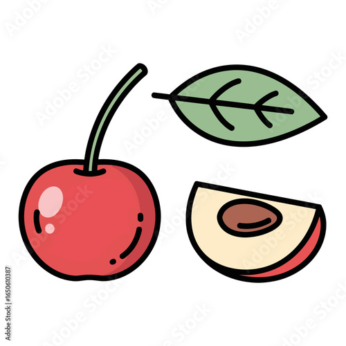 Vibrant and fresh cartoon illustration of a ripe red cherry, accompanied by a green leaf and a perfectly sliced half with its pit visible, embodying a sweet and healthy fruit concept.