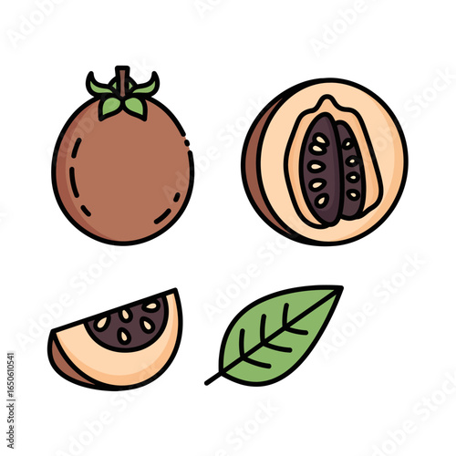 Illustration of a whole, halved, and sliced pepino melon with leaf