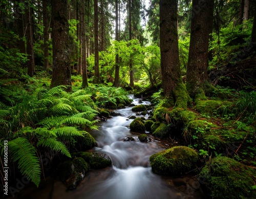 Serene forest stream flows smoothly over moss-covered rocks, lush ferns lining its banks