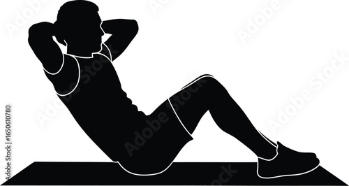 Silhouette of a man doing sit ups a mat, , showcasing fitness, strength, and healthy lifestyle through abdominal exercise and workout