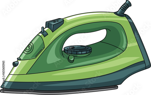 Green electric iron for clothes, pressing, and household appliance use