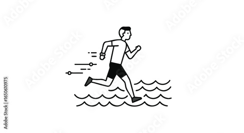 Man running through water, line art illustration of a person jogging across wavy surface