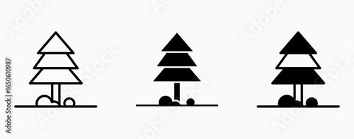 Icon set snowy pine tree. Celebration winter season xmas. Decorative ornament icon.