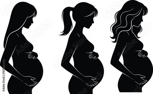 Pregnant woman silhouette in different hairstyles, maternity profile, expecting mother