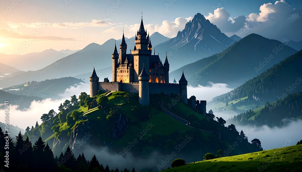 Majestic Castle Perched on Mountaintop, Misty Landscape, Sunrise. Majestic Castle Perched on Mountaintop, Misty Landscape, Sunrise.