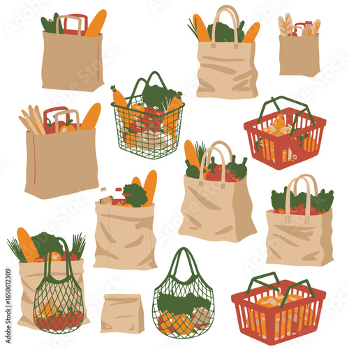 A comprehensive set of assorted shopping bags and baskets filled with fresh groceries, produce, and bread. Isolated vector collection of retail containers