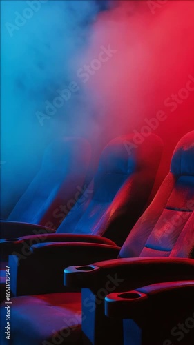 A row of blue chairs with red seats and a red background