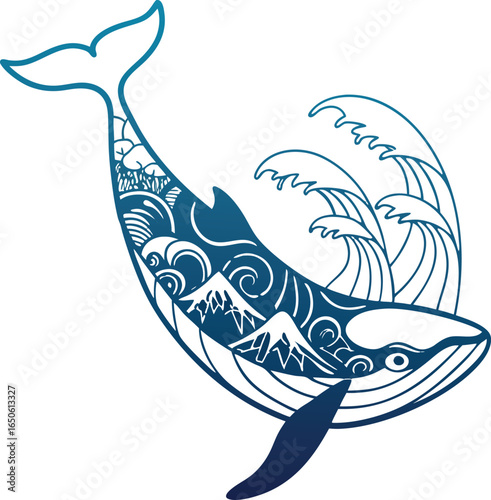 Vector illustration of a marine life silhouette in the ocean, a cartoon fish, dolphin, and shark swimming underwater