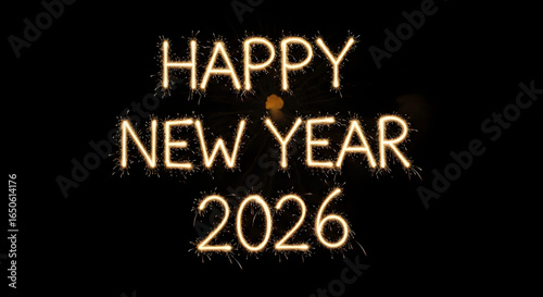 Happy New Year 2026 Sparkler Text on a Black Background.