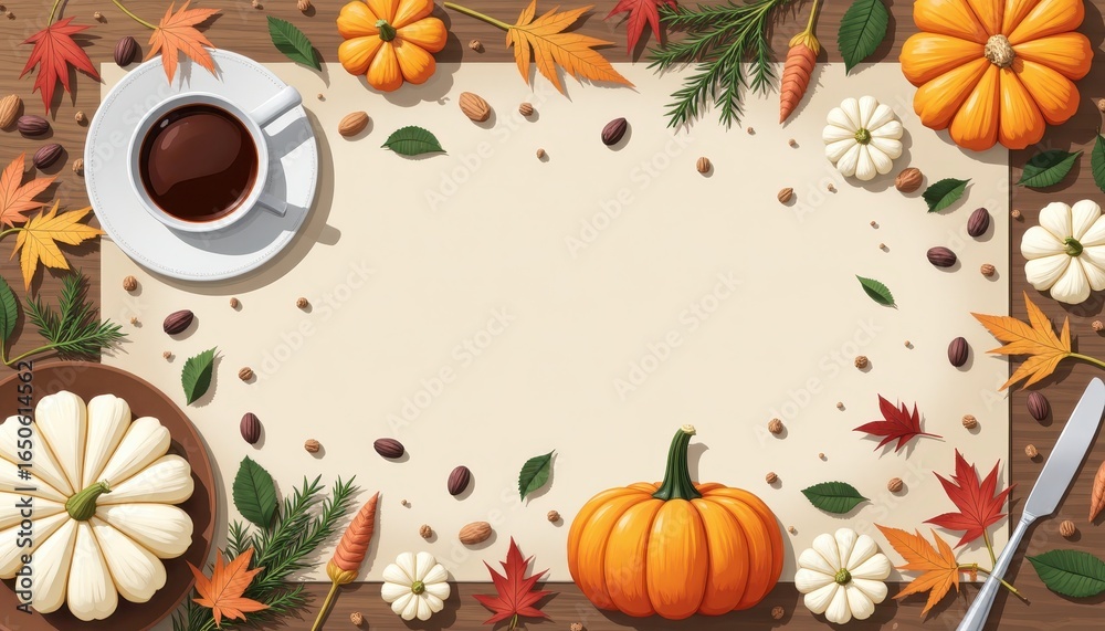 Fototapeta premium Autumn Harvest Table Layout with Fresh Vegetables, Coffee Cup, Colorful Leaves, and Decorative Pumpkins Ready for Festive Season Celebration